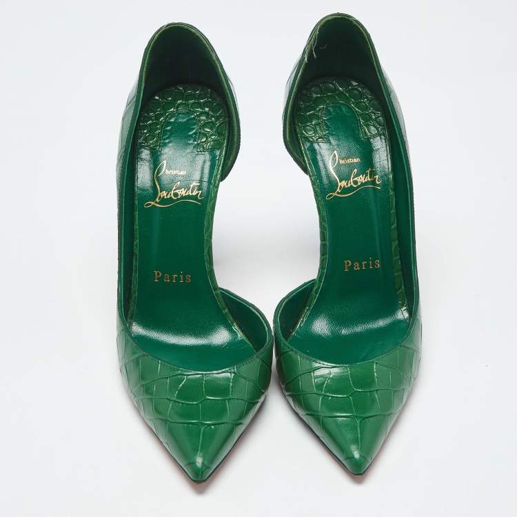 Pre Owned Christian Louboutin Green Croc Embossed Leather Iriza D'orsay Pumps Size 37
