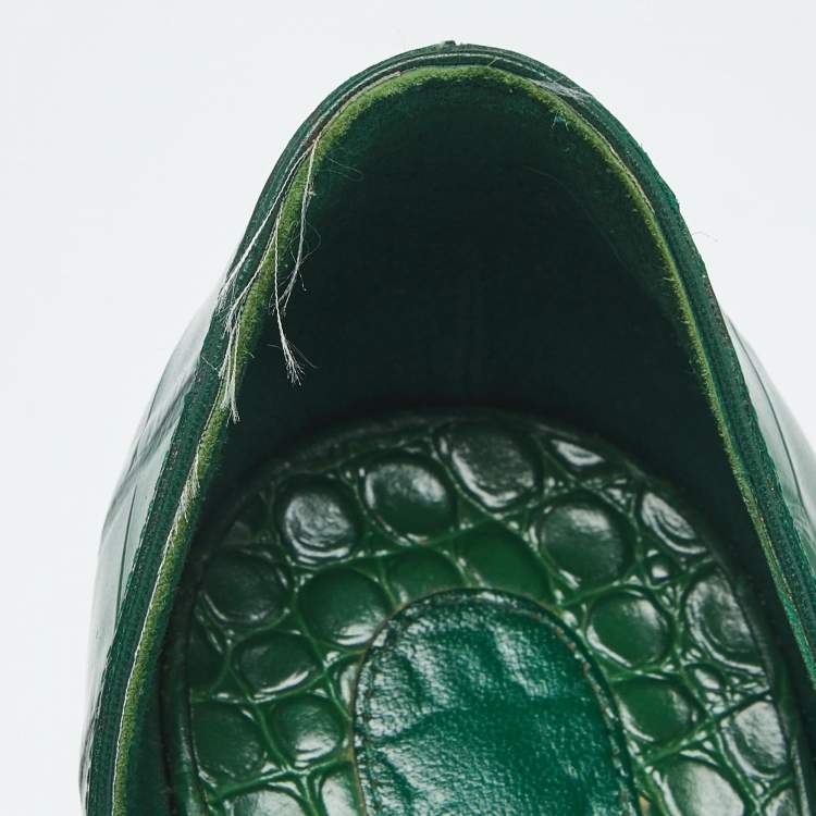 Pre Owned Christian Louboutin Green Croc Embossed Leather Iriza D'orsay Pumps Size 37