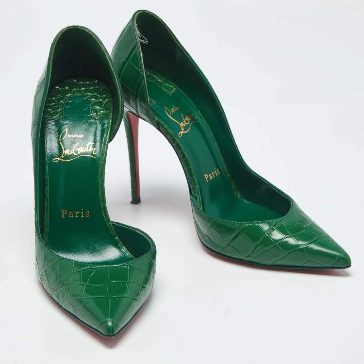 Pre Owned Christian Louboutin Green Croc Embossed Leather Iriza D'orsay Pumps Size 37