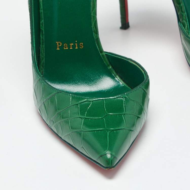 Pre Owned Christian Louboutin Green Croc Embossed Leather Iriza D'orsay Pumps Size 37