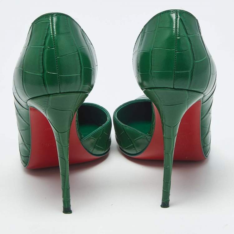 Pre Owned Christian Louboutin Green Croc Embossed Leather Iriza D'orsay Pumps Size 37