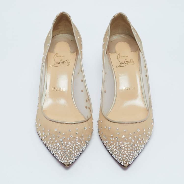 Pre Owned Christian Louboutin Beige Crystal Embellished Mesh and Leather Follies Strass Pumps Size 38.5