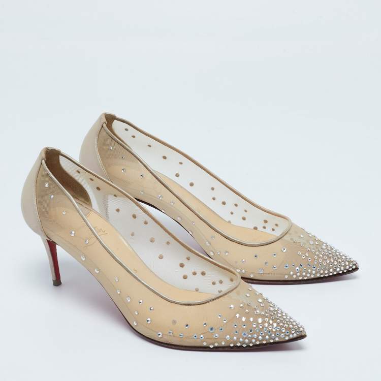 Pre Owned Christian Louboutin Beige Crystal Embellished Mesh and Leather Follies Strass Pumps Size 38.5