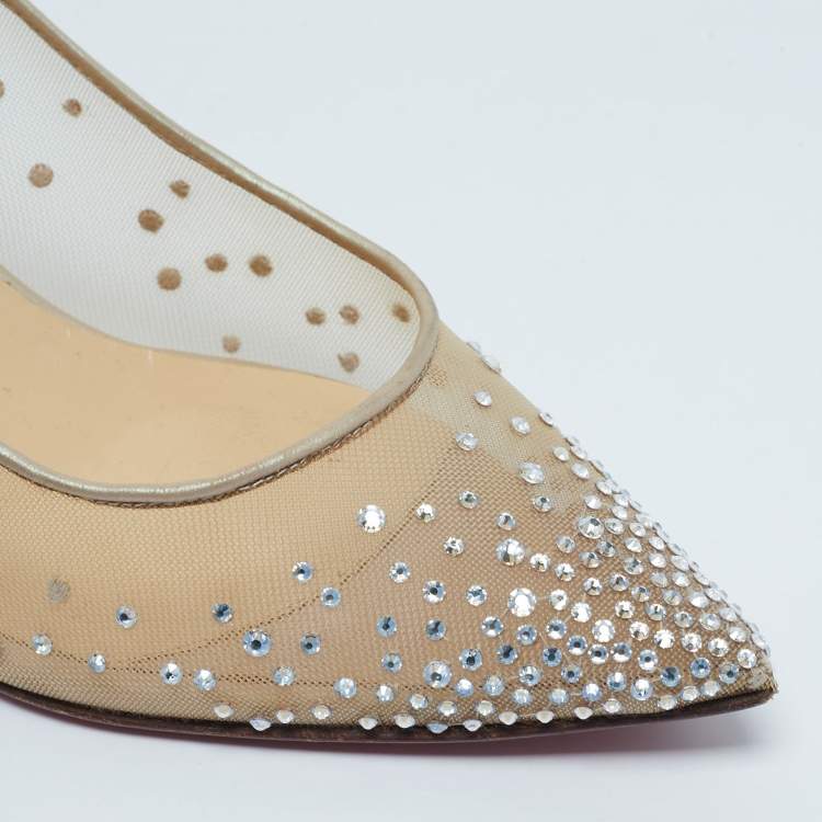 Pre Owned Christian Louboutin Beige Crystal Embellished Mesh and Leather Follies Strass Pumps Size 38.5