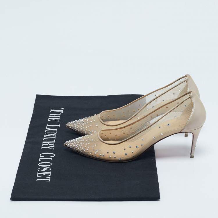 Pre Owned Christian Louboutin Beige Crystal Embellished Mesh and Leather Follies Strass Pumps Size 38.5