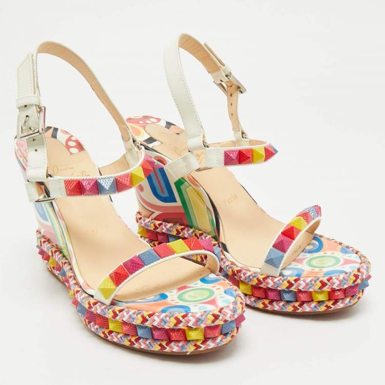 Pre Owned Christian Louboutin Multicolor Patent Leather Pyraclou Wedge Sandals Size 39