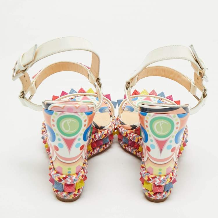 Pre Owned Christian Louboutin Multicolor Patent Leather Pyraclou Wedge Sandals Size 39