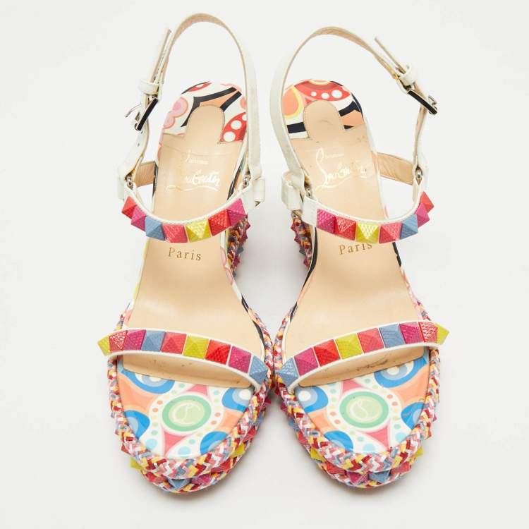 Pre Owned Christian Louboutin Multicolor Patent Leather Pyraclou Wedge Sandals Size 39