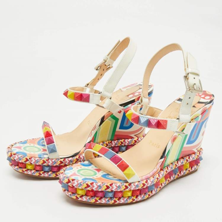 Pre Owned Christian Louboutin Multicolor Patent Leather Pyraclou Wedge Sandals Size 39