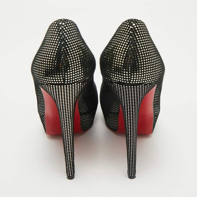 Pre Owned Christian Louboutin Black/Gold Laminated Suede Platform Lady Peep Toe Pumps Size 39