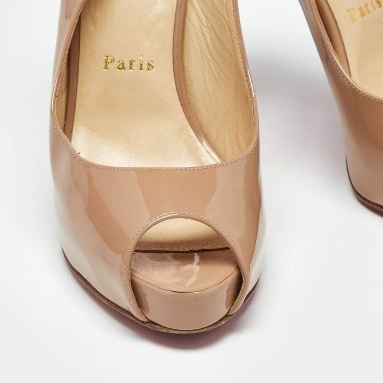 Pre Owned Christian Louboutin Beige Patent Leather Private Number Slingback Pumps Size 39