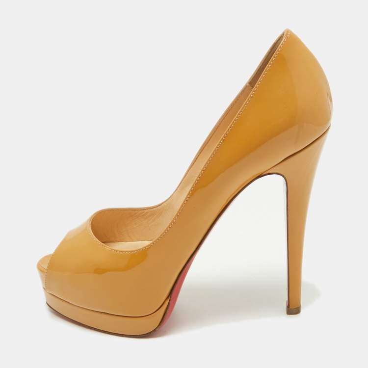 Pre Owned Christian Louboutin Beige Patent Leather Lady Peep Toe Pumps Size 37