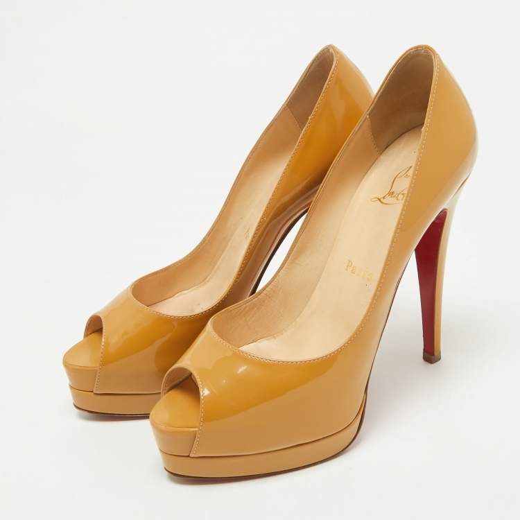 Pre Owned Christian Louboutin Beige Patent Leather Lady Peep Toe Pumps Size 37
