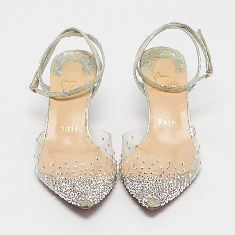 Pre Owned Christian Louboutin Silver Leather and PVC Spikaqueen Ankle Strap Sandals Size 36.5