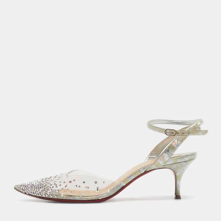 Pre Owned Christian Louboutin Silver Leather and PVC Spikaqueen Ankle Strap Sandals Size 36.5