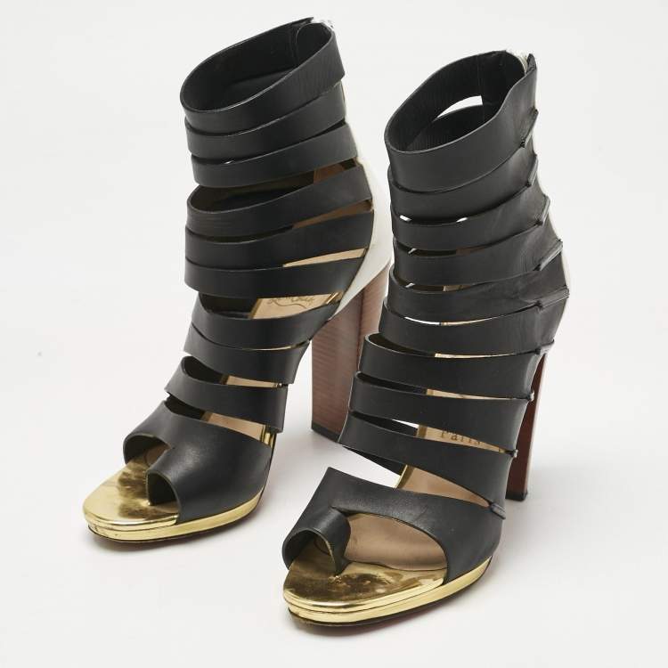 Pre Owned Christian Louboutin Black/White Leather Decoupata Strappy Booties Size 37.5