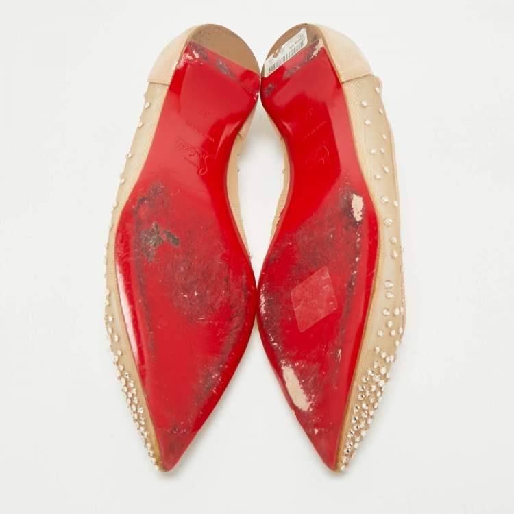 Pre Owned Christian Louboutin Beige Suede and Mesh Follies Strass Ballet Flats Size 37