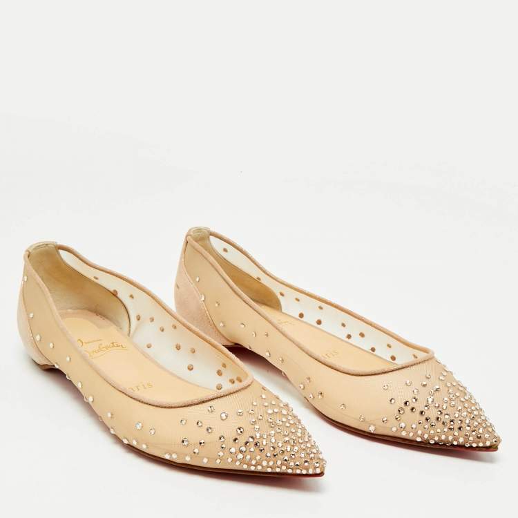 Pre Owned Christian Louboutin Beige Suede and Mesh Follies Strass Ballet Flats Size 37