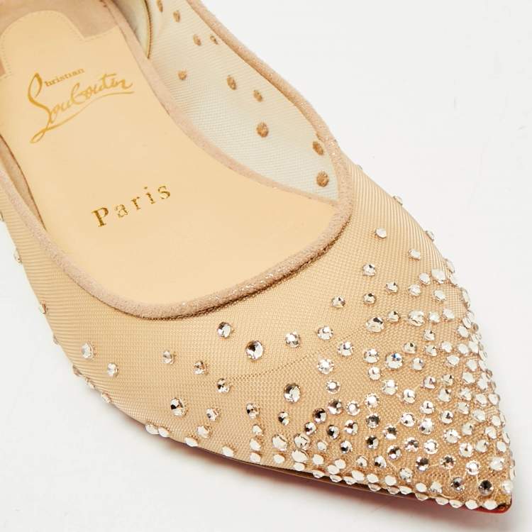 Pre Owned Christian Louboutin Beige Suede and Mesh Follies Strass Ballet Flats Size 37
