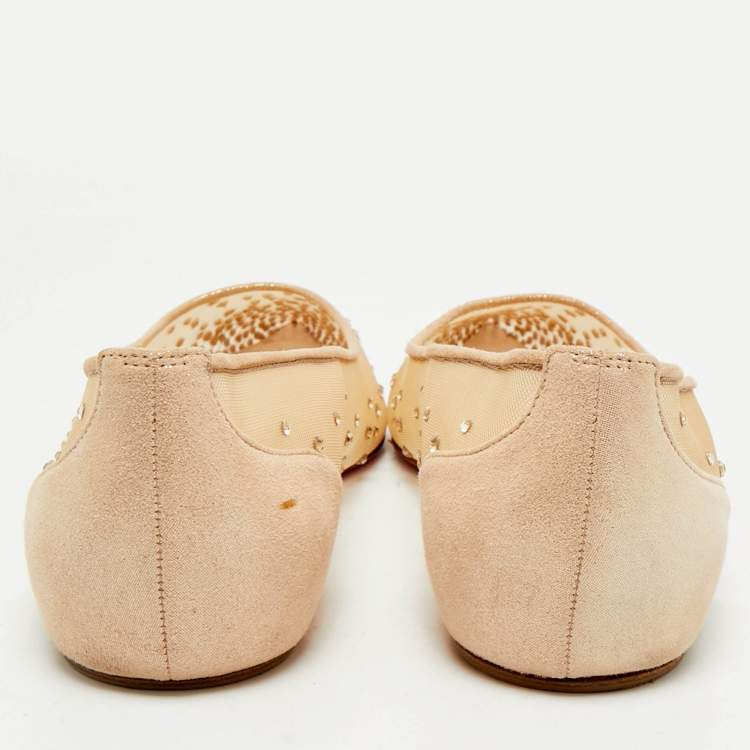 Pre Owned Christian Louboutin Beige Suede and Mesh Follies Strass Ballet Flats Size 37