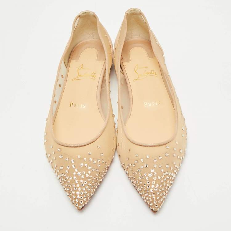 Pre Owned Christian Louboutin Beige Suede and Mesh Follies Strass Ballet Flats Size 37