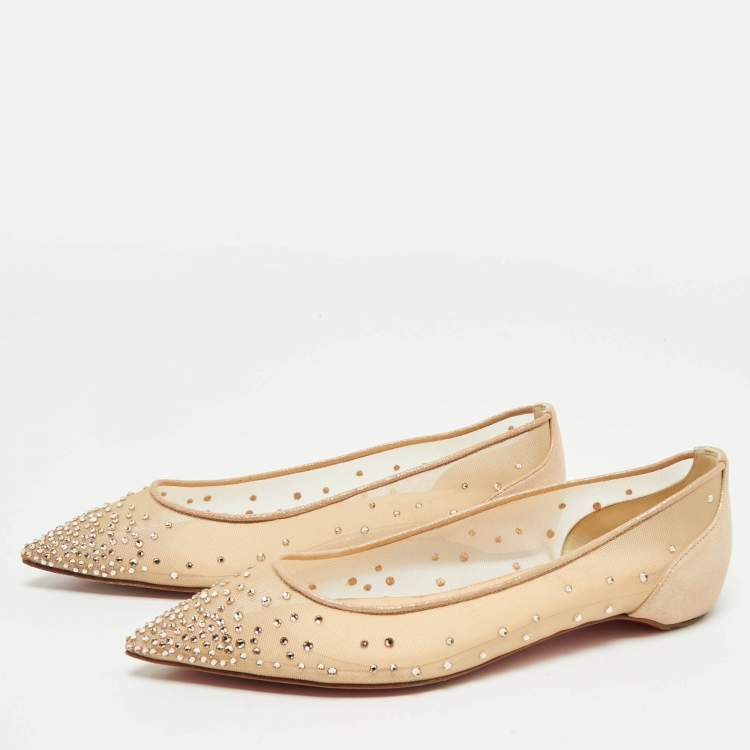 Pre Owned Christian Louboutin Beige Suede and Mesh Follies Strass Ballet Flats Size 37