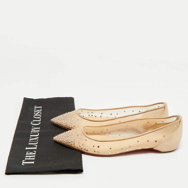 Pre Owned Christian Louboutin Beige Suede and Mesh Follies Strass Ballet Flats Size 37