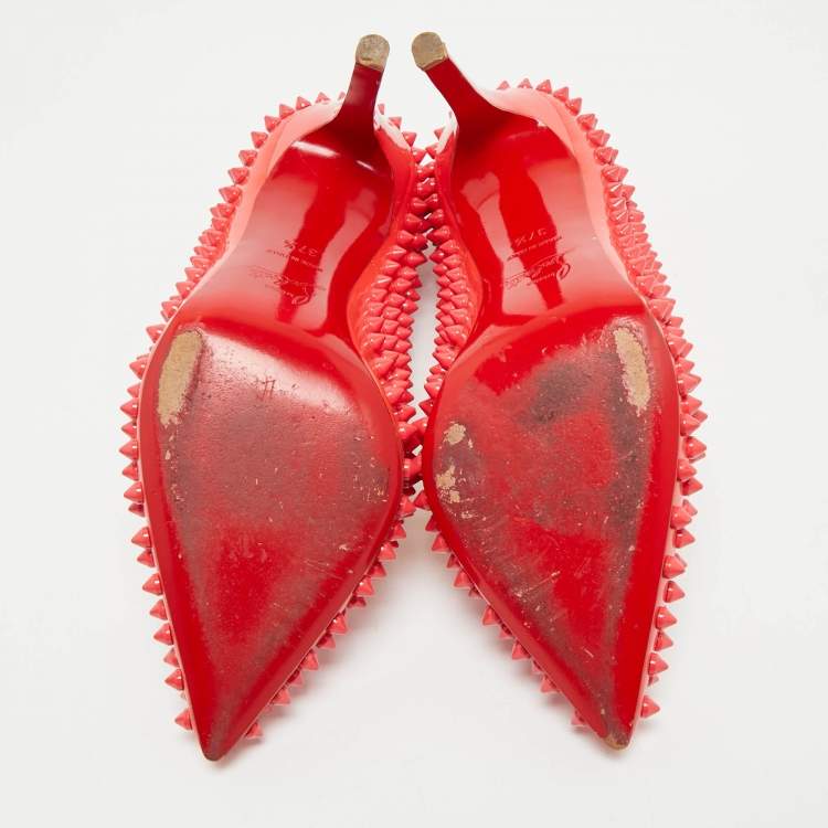Pre Owned Christian Louboutin Pink Patent Leather Pigalle Spikes Pointed Toe Pumps Size 37.5