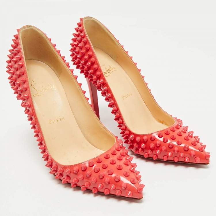 Pre Owned Christian Louboutin Pink Patent Leather Pigalle Spikes Pointed Toe Pumps Size 37.5