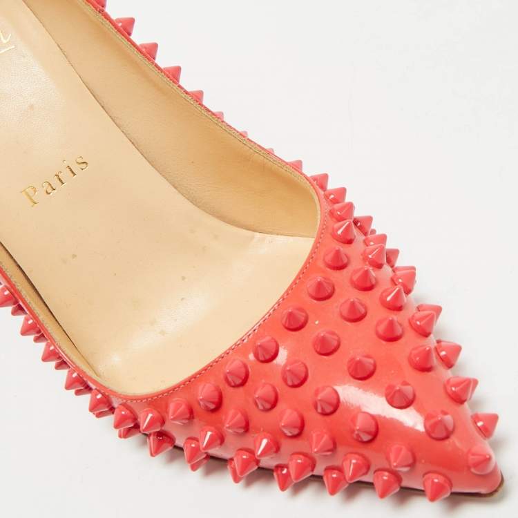 Pre Owned Christian Louboutin Pink Patent Leather Pigalle Spikes Pointed Toe Pumps Size 37.5