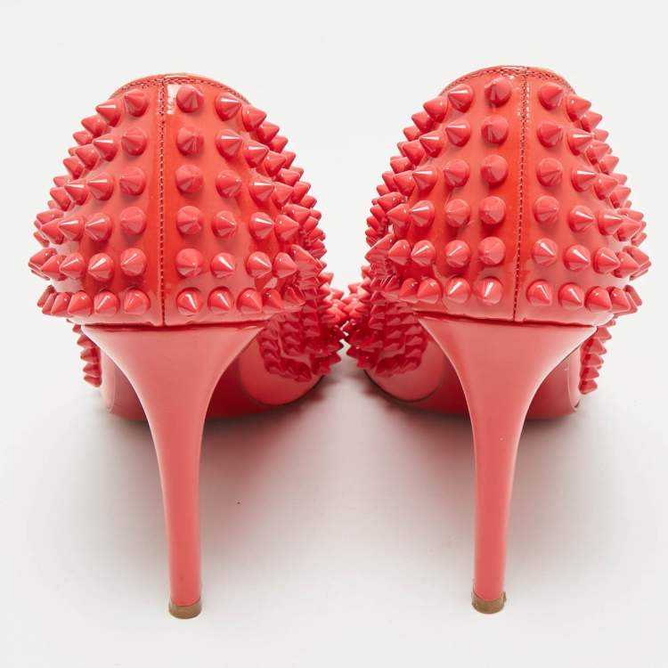 Pre Owned Christian Louboutin Pink Patent Leather Pigalle Spikes Pointed Toe Pumps Size 37.5