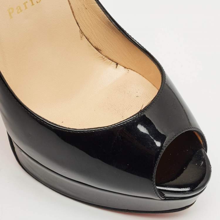 Pre Owned Christian Louboutin Black Patent Leather Lady Peep Toe Platform Pumps Size 38.5