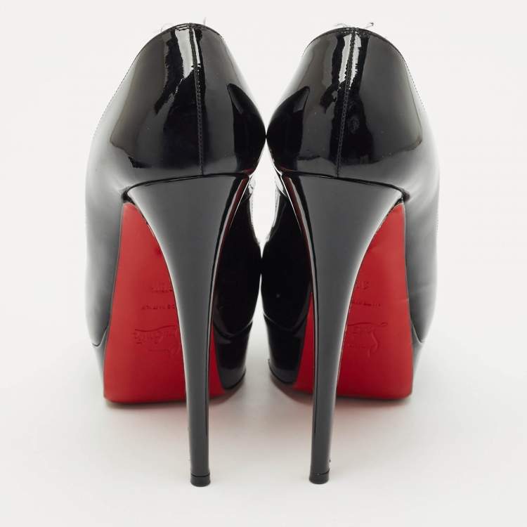 Pre Owned Christian Louboutin Black Patent Leather Lady Peep Toe Platform Pumps Size 38.5