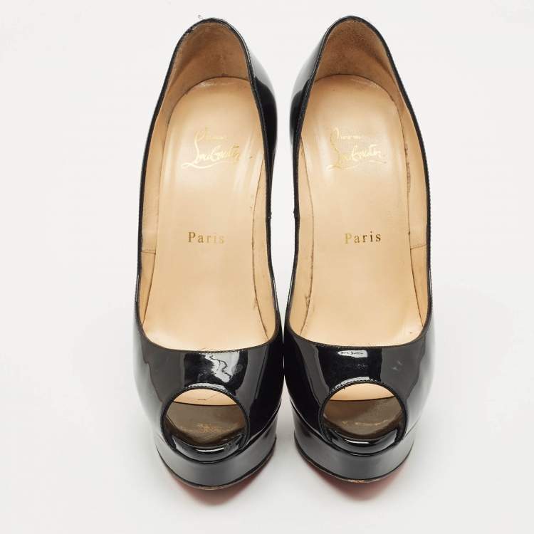 Pre Owned Christian Louboutin Black Patent Leather Lady Peep Toe Platform Pumps Size 38.5