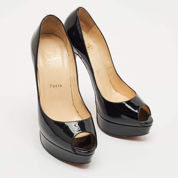 Pre Owned Christian Louboutin Black Patent Leather Lady Peep Toe Platform Pumps Size 38.5