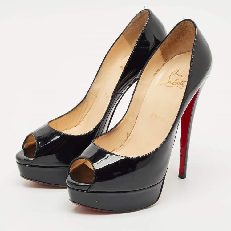 Pre Owned Christian Louboutin Black Patent Leather Lady Peep Toe Platform Pumps Size 38.5