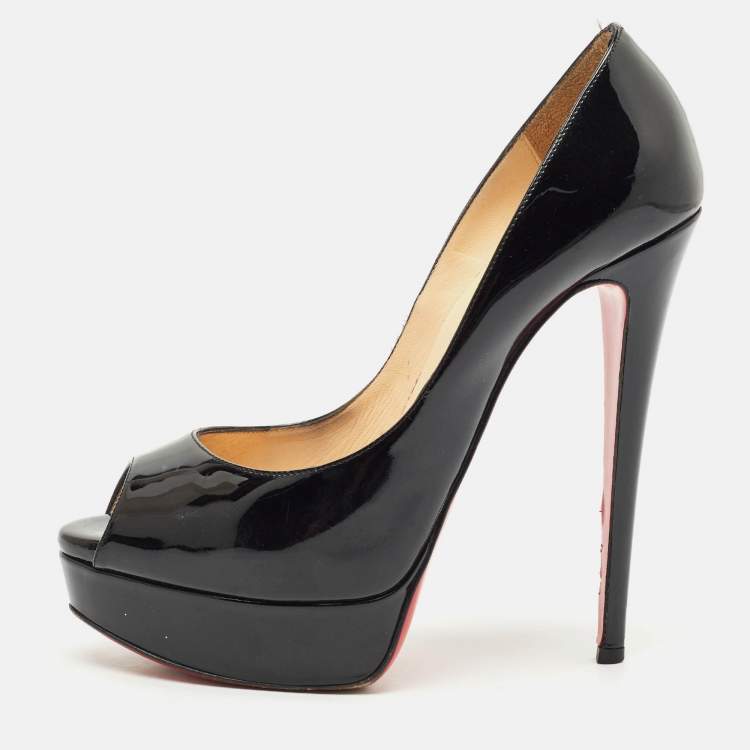 Pre Owned Christian Louboutin Black Patent Leather Lady Peep Toe Platform Pumps Size 38.5