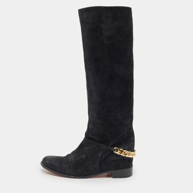 Pre Owned Christian Louboutin Navy Blue Suede Cate Chain-Trimmed Calf-Length Boots Size 37
