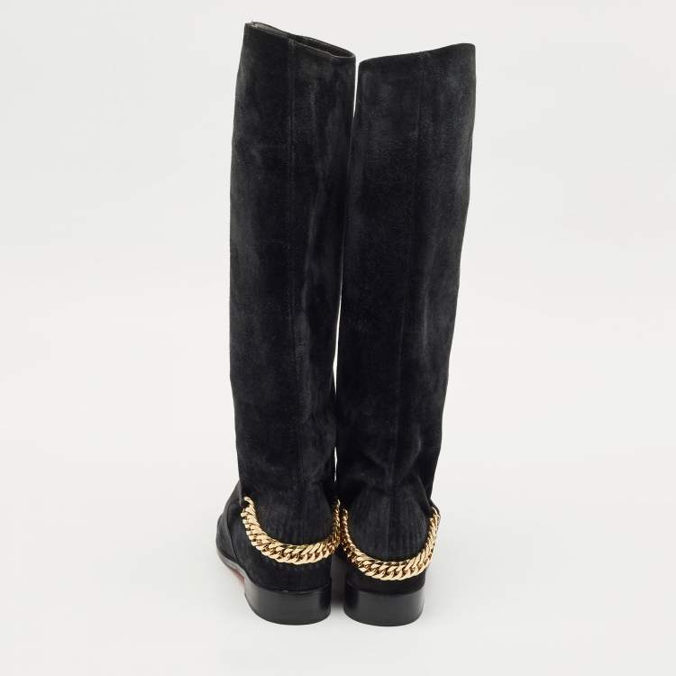 Pre Owned Christian Louboutin Navy Blue Suede Cate Chain-Trimmed Calf-Length Boots Size 37