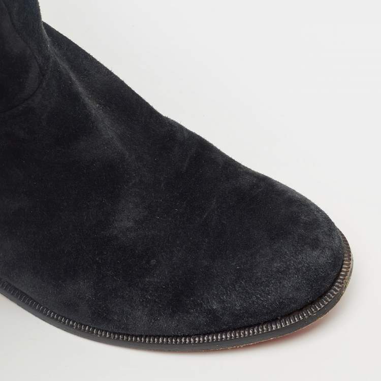 Pre Owned Christian Louboutin Navy Blue Suede Cate Chain-Trimmed Calf-Length Boots Size 37