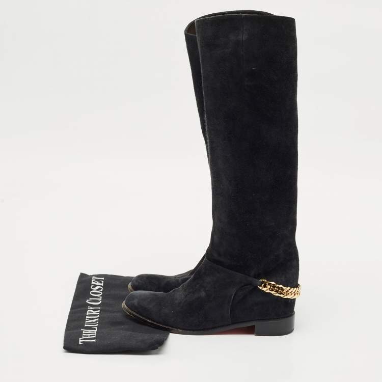 Pre Owned Christian Louboutin Navy Blue Suede Cate Chain-Trimmed Calf-Length Boots Size 37