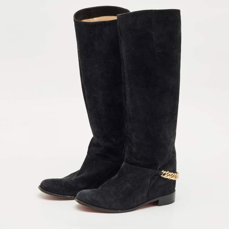 Pre Owned Christian Louboutin Navy Blue Suede Cate Chain-Trimmed Calf-Length Boots Size 37