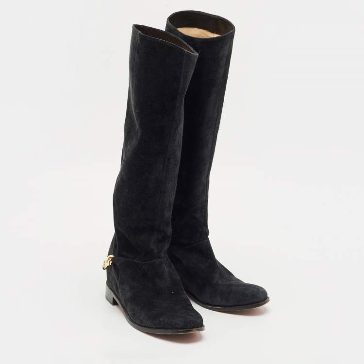 Pre Owned Christian Louboutin Navy Blue Suede Cate Chain-Trimmed Calf-Length Boots Size 37