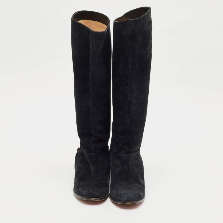 Pre Owned Christian Louboutin Navy Blue Suede Cate Chain-Trimmed Calf-Length Boots Size 37