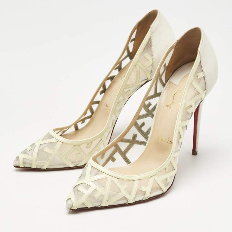 Pre Owned Christian Louboutin Cream Patent Leather and Mesh Tititata Pointed Toe Pumps Size 40