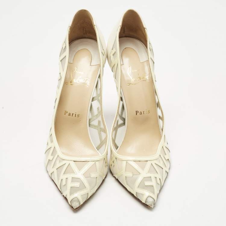 Pre Owned Christian Louboutin Cream Patent Leather and Mesh Tititata Pointed Toe Pumps Size 40