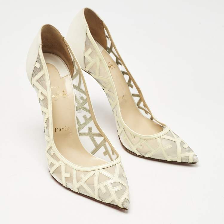 Pre Owned Christian Louboutin Cream Patent Leather and Mesh Tititata Pointed Toe Pumps Size 40
