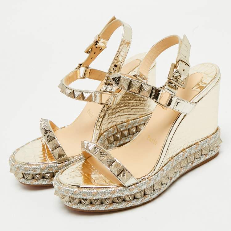 Pre Owned Christian Louboutin Gold Croc Embossed Leather Pyraclou Wedge Sandals Size 37
