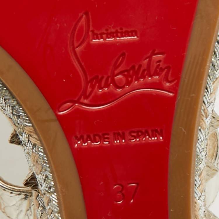 Pre Owned Christian Louboutin Gold Croc Embossed Leather Pyraclou Wedge Sandals Size 37