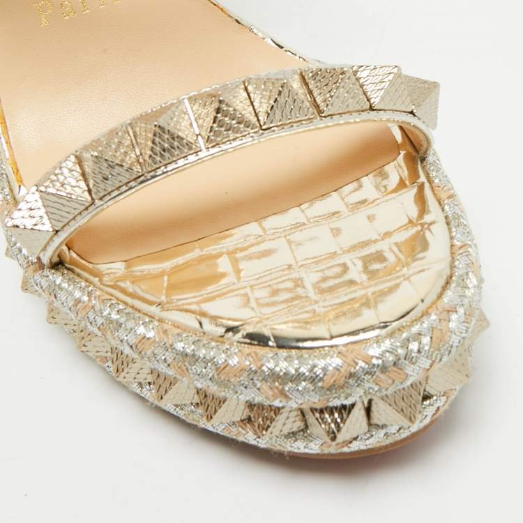 Pre Owned Christian Louboutin Gold Croc Embossed Leather Pyraclou Wedge Sandals Size 37